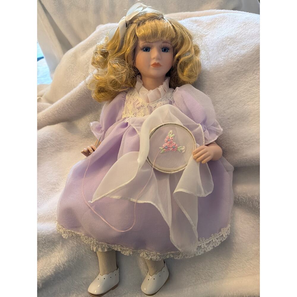 Heritage Signature Collection Porcelain Doll Embroidery Girl Lavender Dress 15"